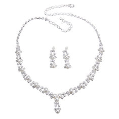 Silver Pearl Diamond Wedding Earrings Necklace Jewelry Sets