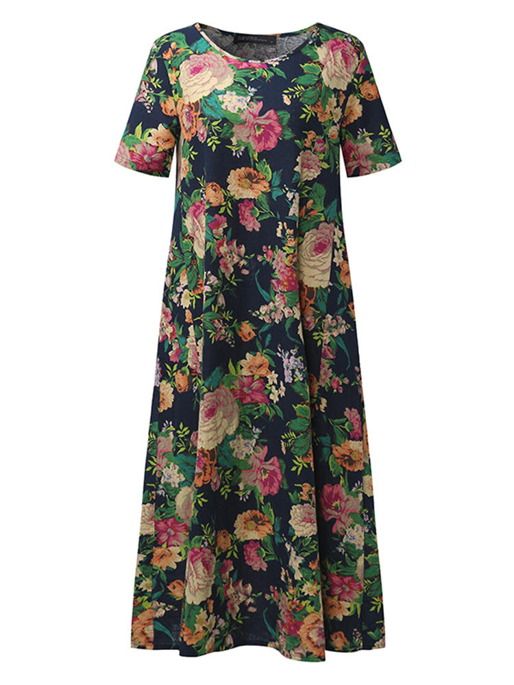 Gracila Floral Printed Women Loose Short Sleeve Maxi Dresses at Banggood