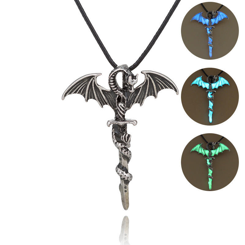 Halloween Luminous Pendant Necklace Sword Dragon Punk Necklace