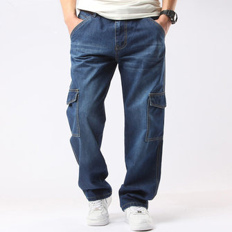 Mens Casual Blue Jeans Denim Multi-pocket Loose Outdoor Straight Legs Cargo Pants at Banggood