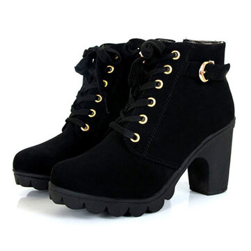 Women Girl High Top Heel Ankle Boots Winter Pumps Lace Up Buckle ...