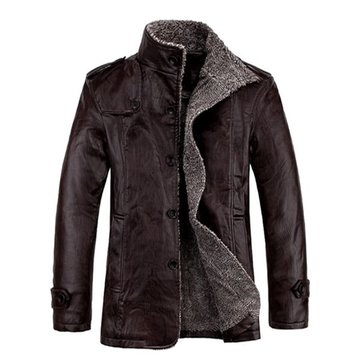 Men's Quality PU Leather Slim Fit Plush Thickened Warm Jacket at Banggood