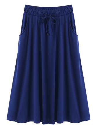 Casual Lady Ruffles Elastic High Waist Pure Color Pocket Skirt at Banggood
