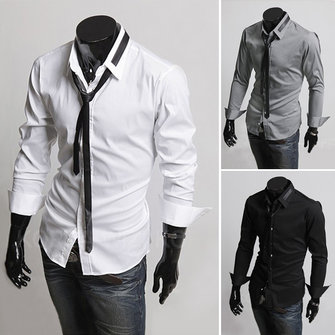 Men's Fashion College Wind Solid Color Slim Shirt Send The Tie - US$12. ...