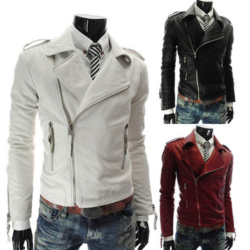 Men's Slim Personalized Multi Zipper Lapel Short Leather Coats - US$36.15