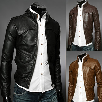 Men's Motorcycle Slim PU Leather Jacket Fashion Coat Casual Outerwear ...